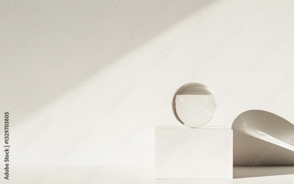 Poster white round object balanced on white cube with textured wall background in sunlight