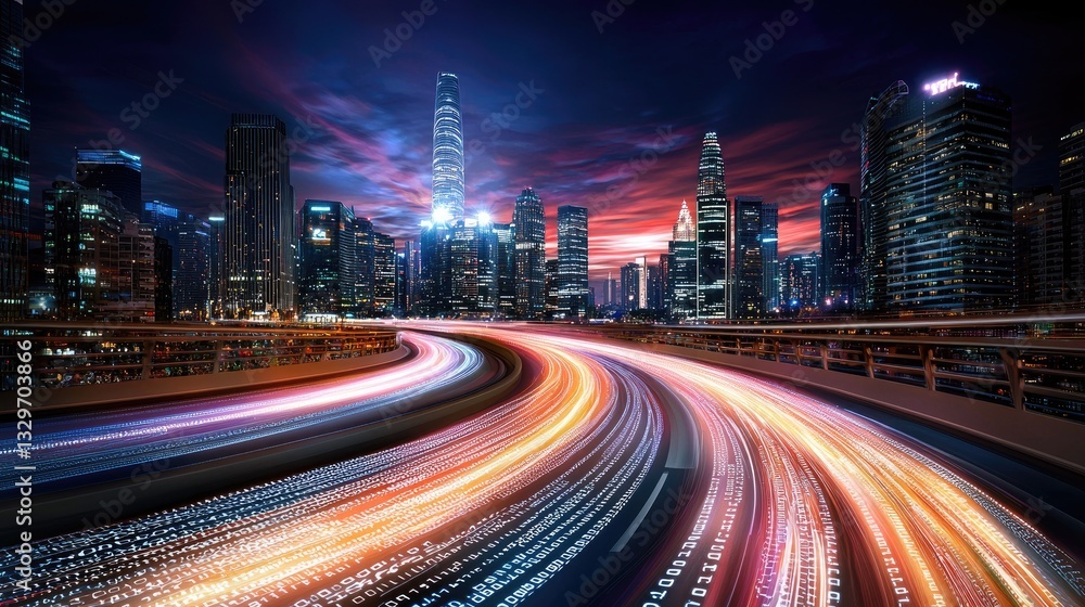Poster speeding lines of digital code on a futuristic roadway, illustrating fast data transmission.