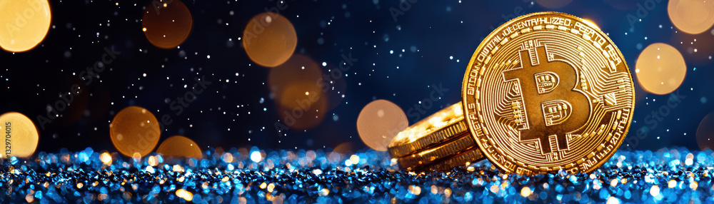Aufkleber golden bitcoin coin with sparkling background and bokeh lights