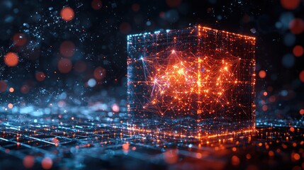 Abstract cube of glowing lines and particles,  a futuristic concept.  A data network or digital entity