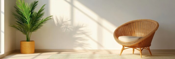 Sunny Room with Wicker Chair and Pampas Grass - Serene room setting, wicker chair, pampas grass, sunlight, minimalist decor, peaceful ambiance. Represents relaxation, tranquility, comfort