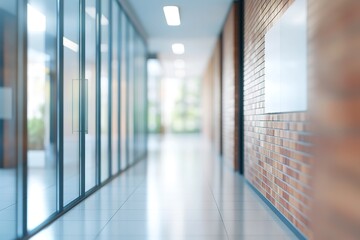 Modern Office Corridor Interior Design Clean Lines, Brick Wall, Glass Partitions