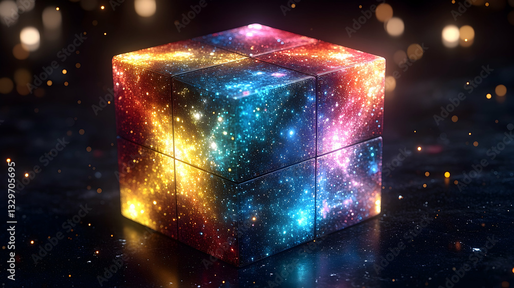 Poster a luminous cube, seemingly composed of smaller cubes, each displaying a vibrant nebula. it rests on 