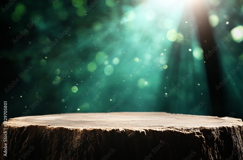 Poster empty tree stump product display with magical forest background