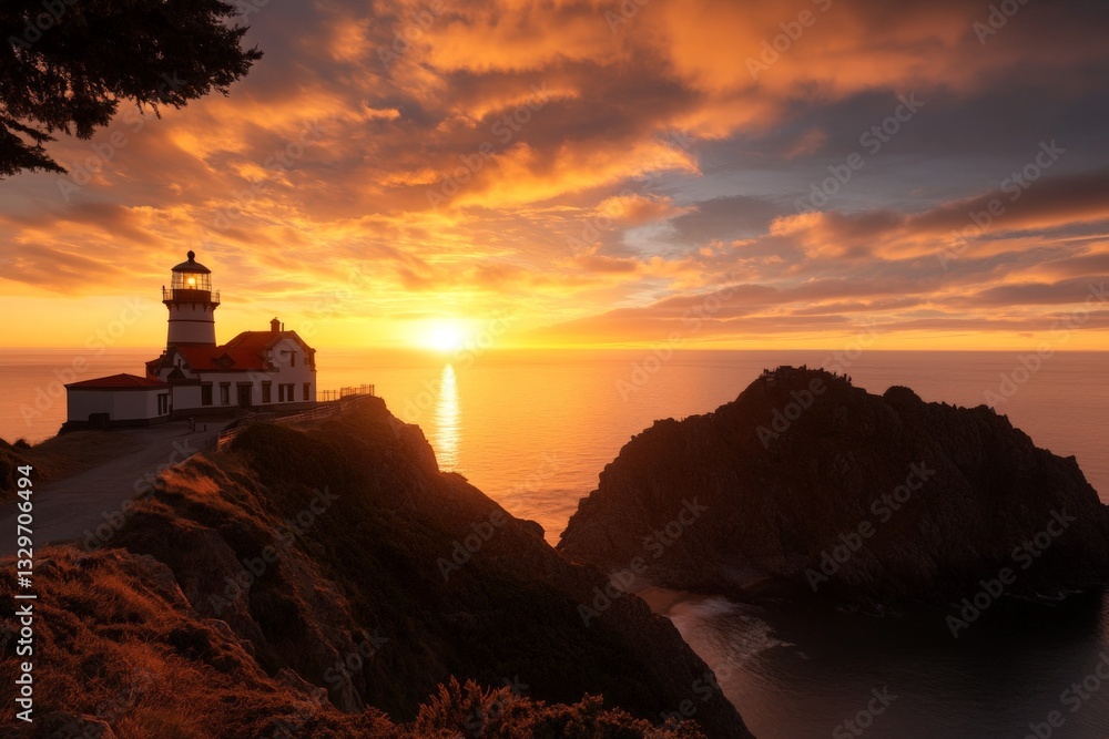 Poster sunset illuminating the lighthouse on the coastline with dramatic clouds and ocean waves in the back