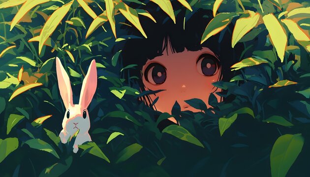 An anime girl and a rabbit hide in the lush bush, their eyes peeking out curiously.