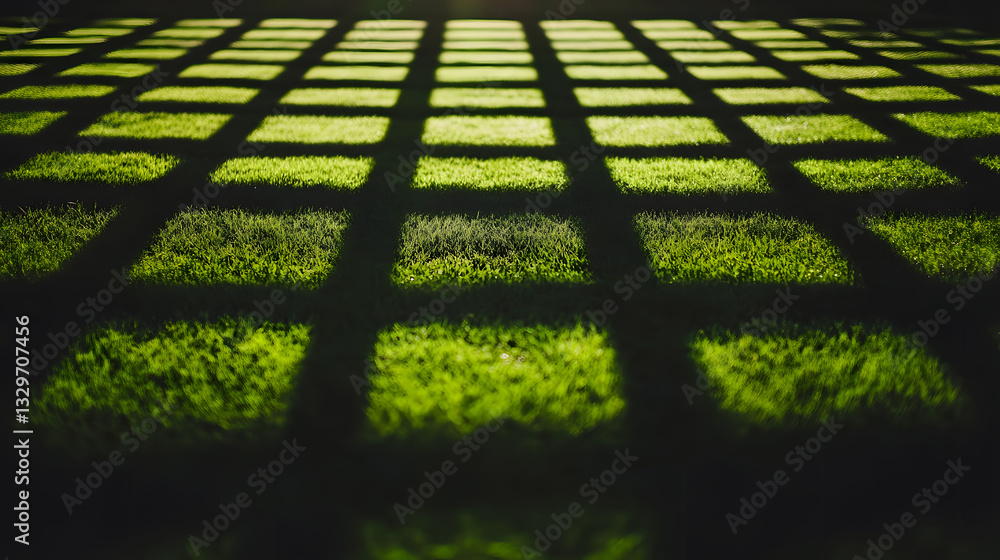 Poster shadow of a lush lawn cast by the setting sun with geometric patterns creating a playful contrast ov