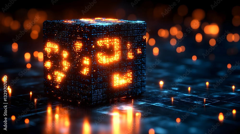 Aufkleber glowing cube with intricate digital patterns, illuminated in orange and blue hues against a dark, bo