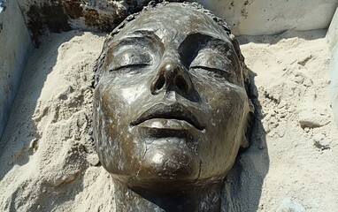 Obraz premium Bronze statue head resting in the sand near a shipwreck captured in high resolution