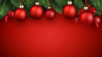 Christmas ornaments hanging on fir branches on red