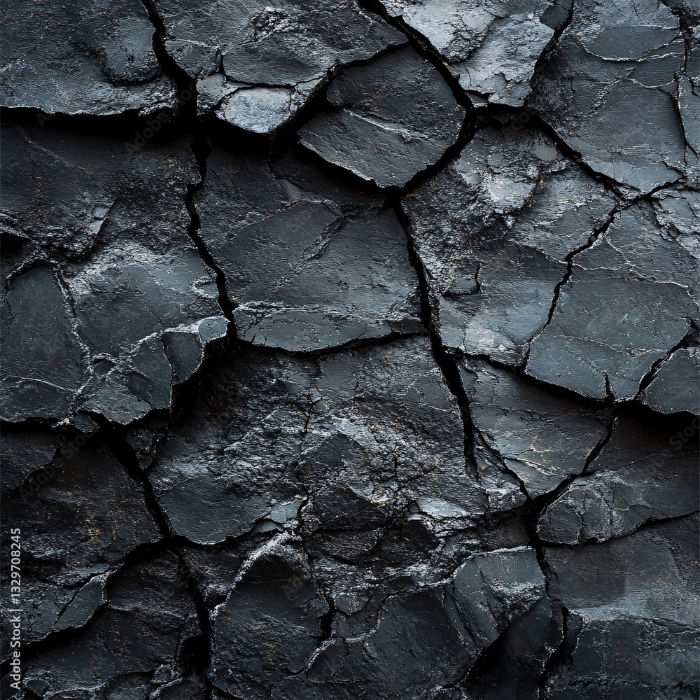 Poster close-up of a cracked black rock surface with deep fissures creating a rugged geological texture wit