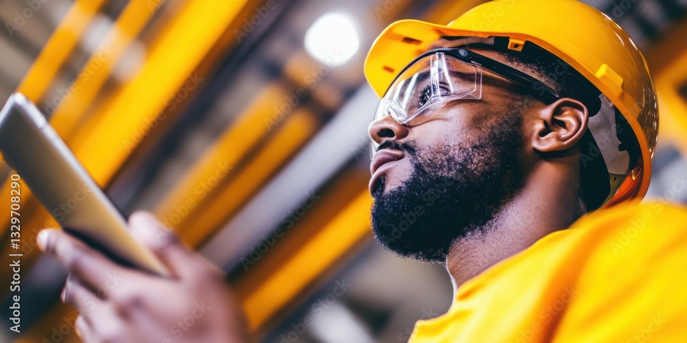Poster AI-Driven Industrial Productivity Next-Gen Manufacturing Worker Analyzing Real-Time Digital Metrics with Intelligent Tablet Technology in Advanced Smart Factory Environment