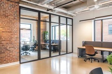 Fototapeta premium Modern Office Interior Design Glass Partitions, Brick Wall, Open Workspace