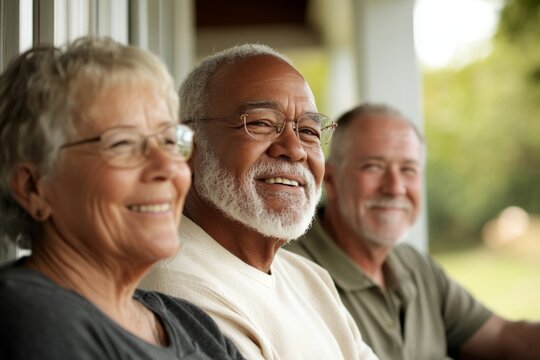 Elderly friends enjoying a sunny afternoon on a porch while sharing warm conversations and laughter in a peaceful setting - Powered by Adobe