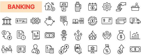 Banking Icons Set – Finance, Money, Transactions, Investment, Savings, Digital-Banking, Currency, Security