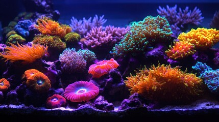 Obraz premium Glowing marine life illuminates vibrant coral reefs in a stunning nighttime underwater display