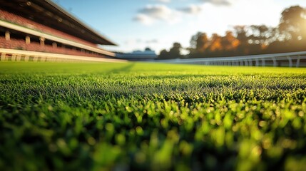 Lush grass field at a horse racing track in late afternoon sunlight near the stands