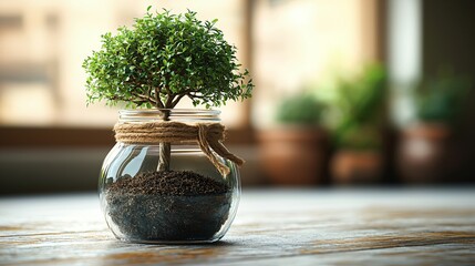 Bonsai in Glass Jar on Wooden Table