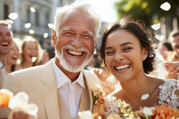 Joyful couple celebrates a wedding surrounded by friends and family in a sunny outdoor setting