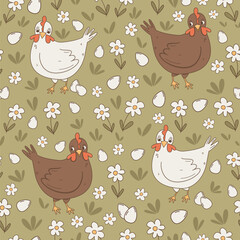 cute hand drawn cartoon hen and easter eggs in the meadow with daisy flowers seamless vector pattern background illustration	
