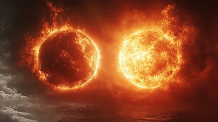 Obraz premium Fiery twin suns blaze, dark clouds below; apocalyptic fantasy art