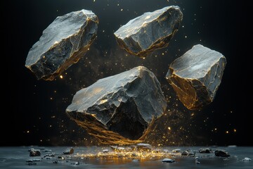 Obraz premium Floating rock fragments with golden details and sparkling particles against a dark background creates a mineral abstraction