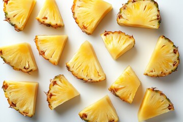 Scattered pineapple chunks arranged on a white surface create a vibrant and summery tropical fruit arrangement, highlighting the juicy texture and bright color of the fruit