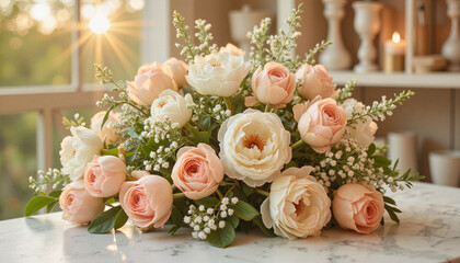 Bridal bouquet with soft pink and white roses, elegantly arranged for a wedding setting
