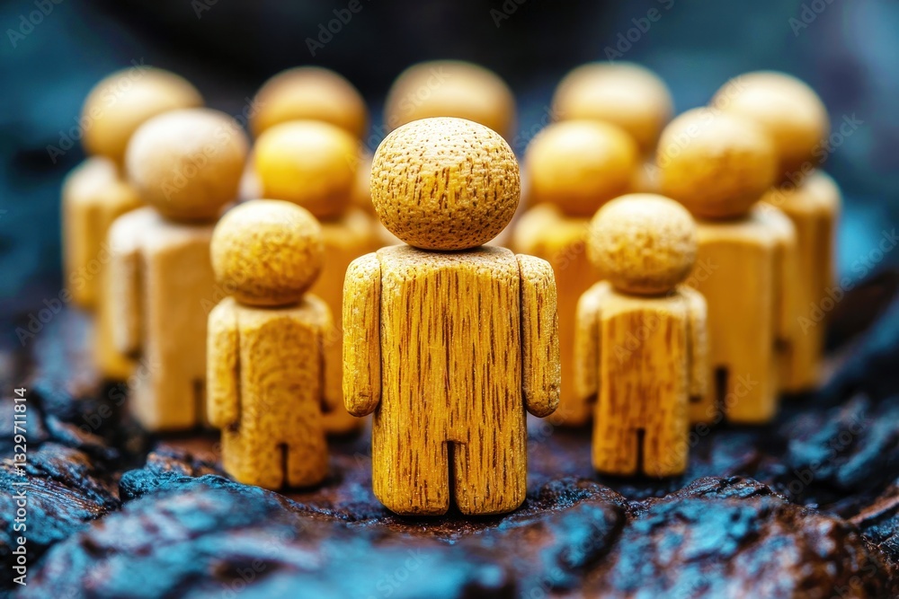 Poster group of wooden figures standing together in a circle on a textured surface symbolizing community, u