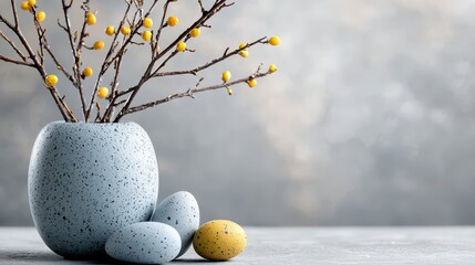 Pastel Blue Vase with Yellow Berry Branches and Speckled Easter Eggs
