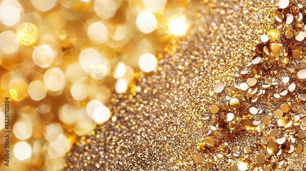Poster golden glitter texture with sparkling bokeh lights and luxurious abstract design