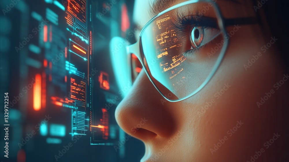 Poster computer security concept, close-up of a person with glasses looking at a digital interface.