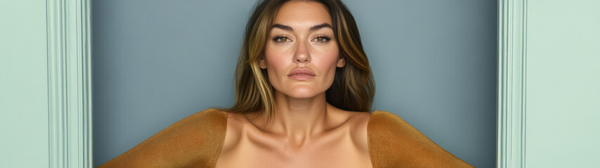 Fototapeta premium Model poses confidently in studio setup with neutral background and striking makeup
