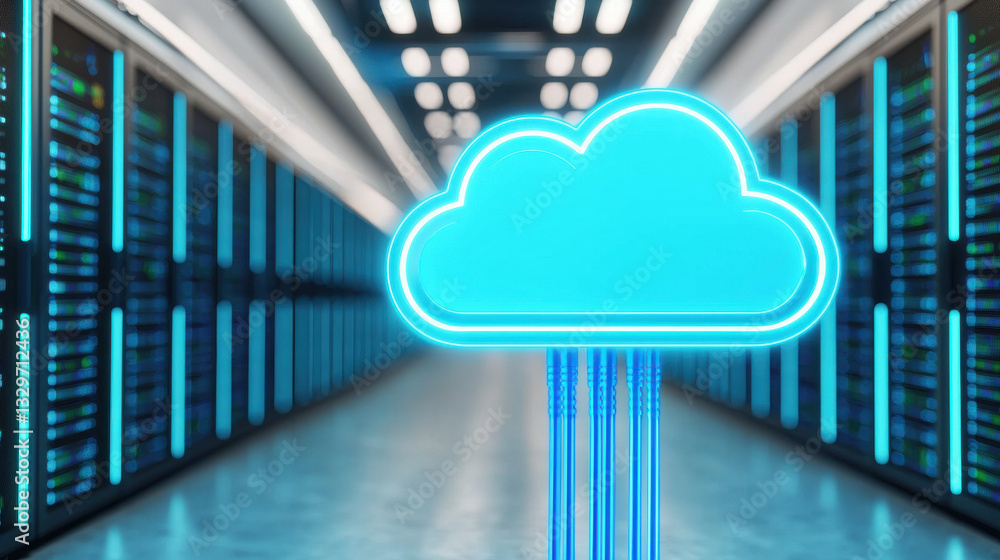 Poster mobile network and connectivity concept, glowing blue cloud symbol in high tech data center with ser