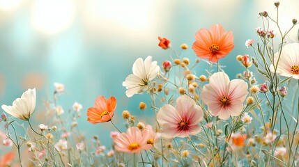 Naklejka premium Pastel Cosmos Flowers in a Sunlit Field
