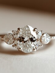 Close-up showcasing a diamond engagement ring with an oval center stone surrounded by smaller pear-shaped and round diamonds, reflecting light
