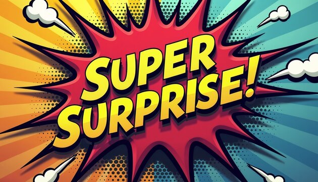 Super surprise announcement with vibrant comic-style explosion graphic on colorful background