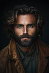 A close-up portrait of a man with long, wavy hair and a full beard, wearing a brown jacket. His piercing blue eyes and strong facial features create a striking appearance against a dark background.