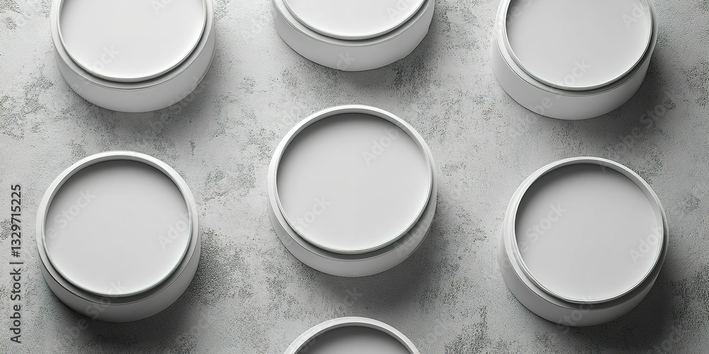 Poster multiple round white lids arranged symmetrically on a textured gray surface in a minimalist style