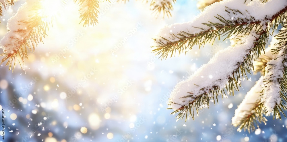 Poster a serene winter scene with snow-covered pine branches illuminated by soft sunlight, creating a magic