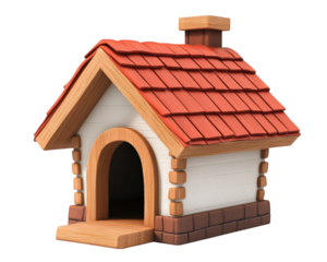 charming wooden dog house with red roof and brick base, perfect for pets. This cozy shelter features classic design, ideal for outdoor use