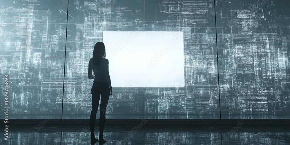 Poster view of a person standing before a large digital display illuminating a dark room with futuristic gr