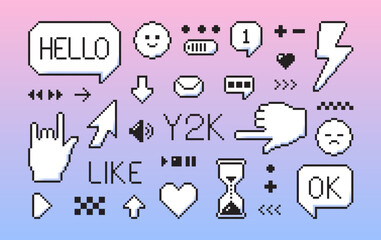 Pixel game art Y2K elements. 8 bit retro style user interface icons. Speech bubble smile message cursor arrow.