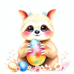 Charming creature celebrates spring with colorful eggs in a joyful and floral setting