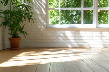 Fototapeta premium Sunlit room with plant by window, wood floor, white brick wall