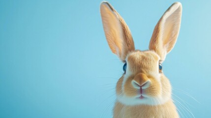 Fototapeta premium Adorable close-up portrait of Easter Bunny against light blue background, looking at camera, long ears and soft fur, holiday card concept, copy space.