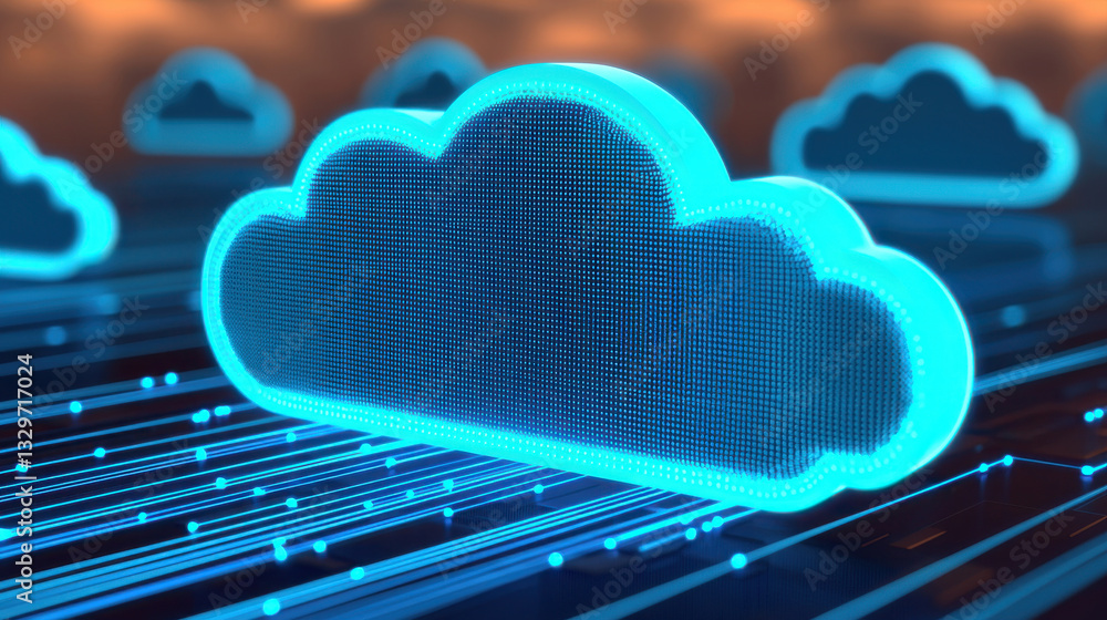 Poster mobile network and connectivity concept, glowing blue cloud symbolizing high tech data storage and c