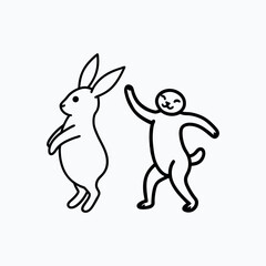 Rabbit and cat dancing on white background