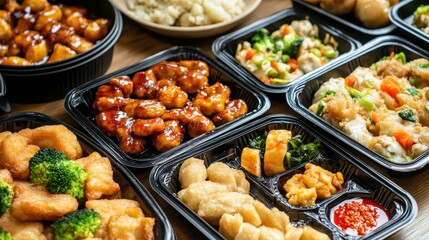 Delicious assortment of Asian cuisine featuring dumplings, chicken, and vegetables served in takeout containers
