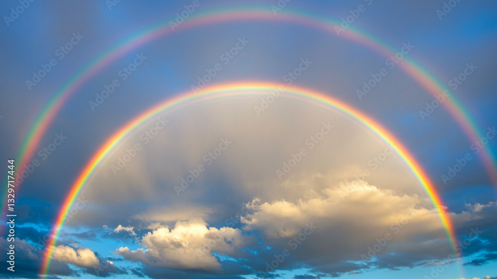 Poster a colorful rainbow emerges in a blue sky, framed by a serene array of white clouds